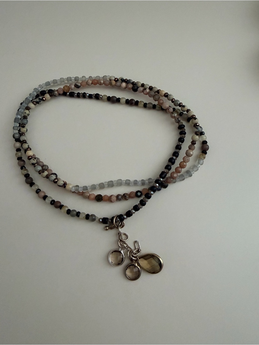 Stretchy Delicate Single Stand Beaded bracelet/necklace with Smoky Charms